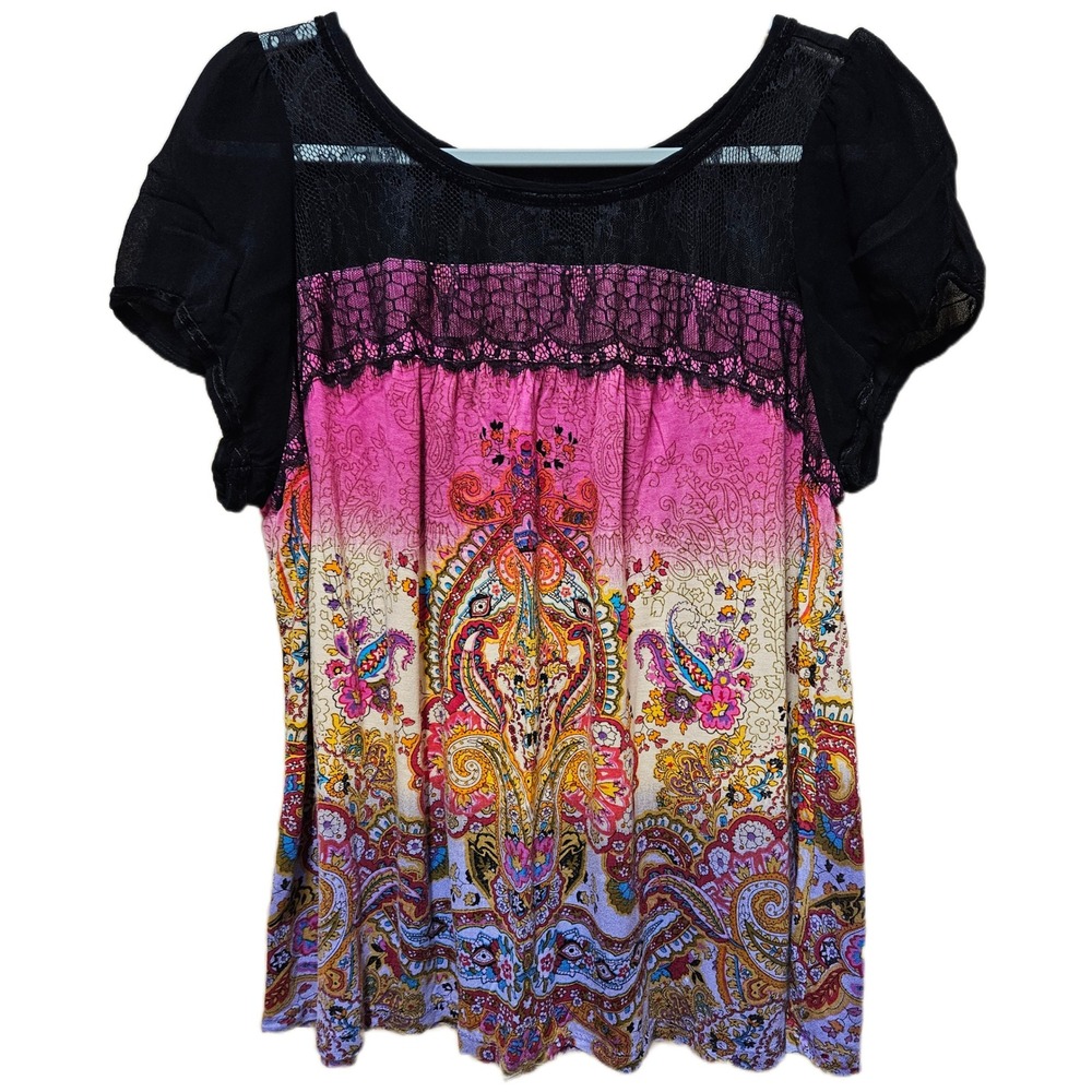 Bila Bohemian Short Sleeve Sheer & Lace Detail Multicolor‎ Floral Blouse Size XL